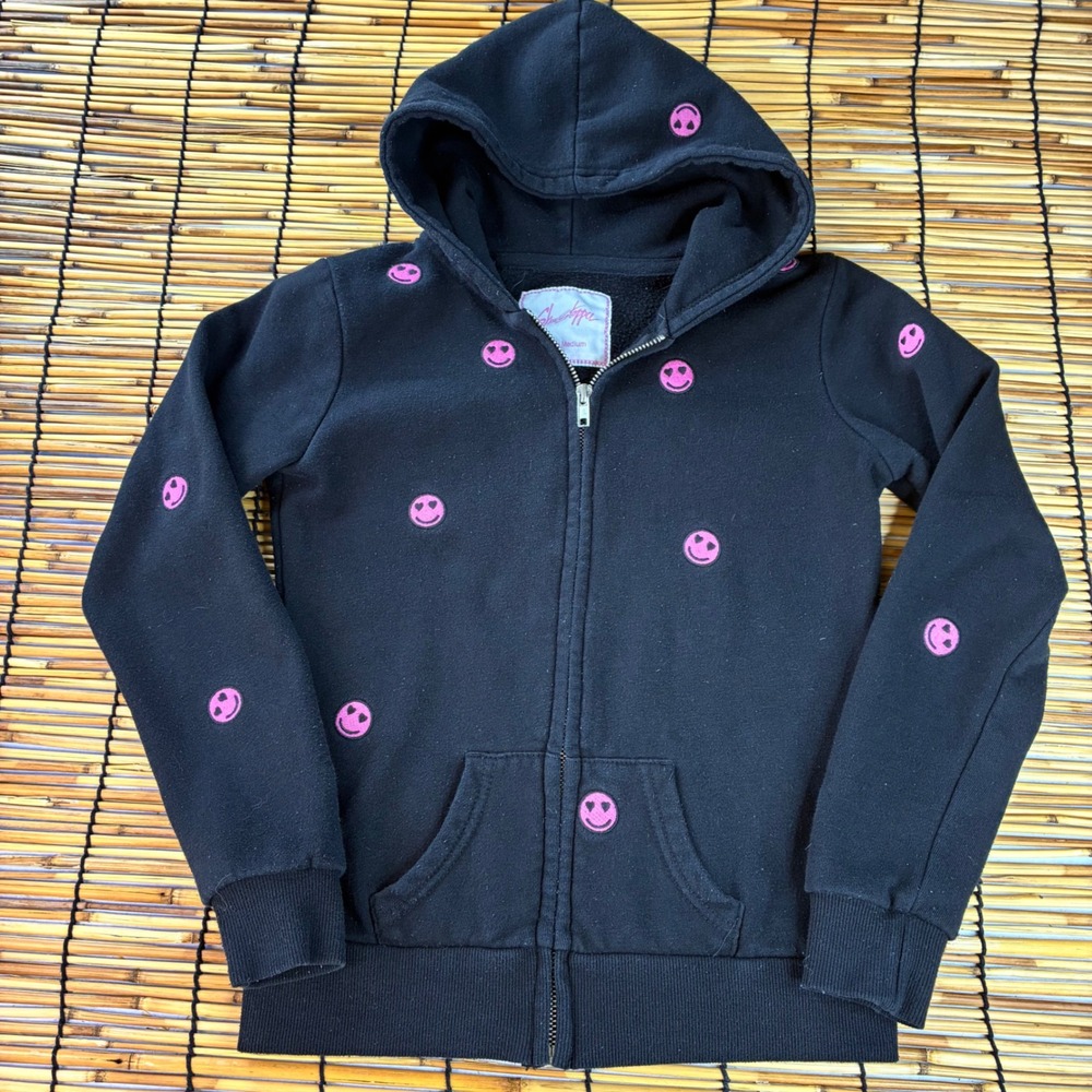ShowStopper Kids Black Pink Heart Eye Smiley Face Zip Up Hoodie Youth Medium